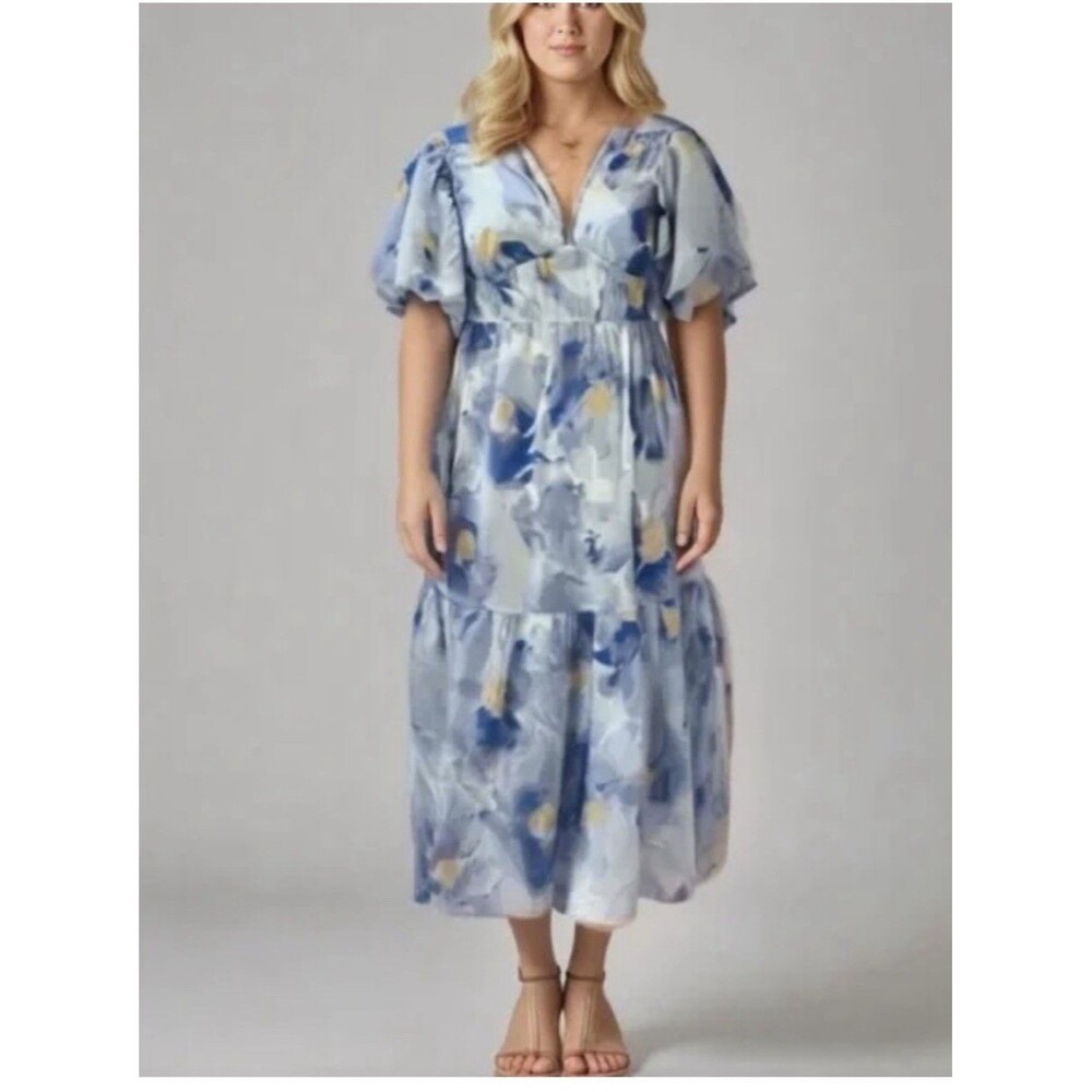 Jessica Simpson Midi Dress Size M Blue Floral Smocked Tiered Ruched Ruffle